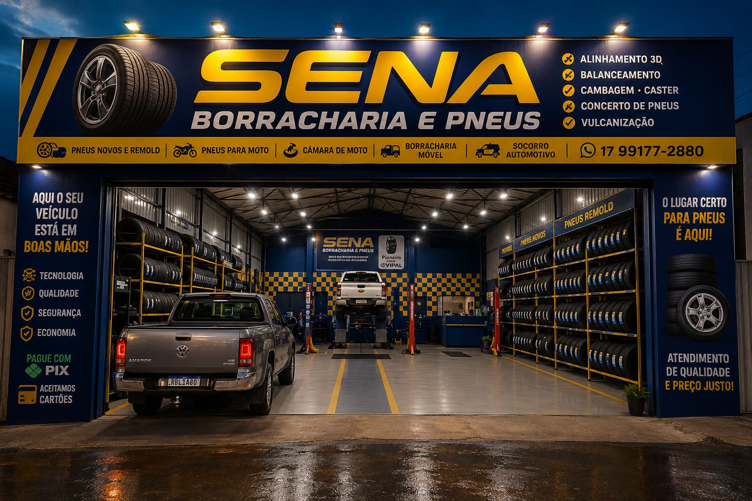 Fachada da Sena Borracharia e Pneus em Olímpia/SP